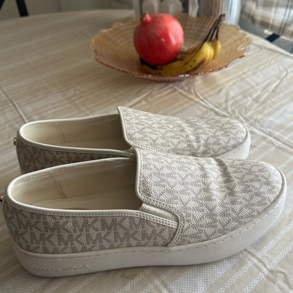 Michael Kors Beige Monogram Slip-On Shoes